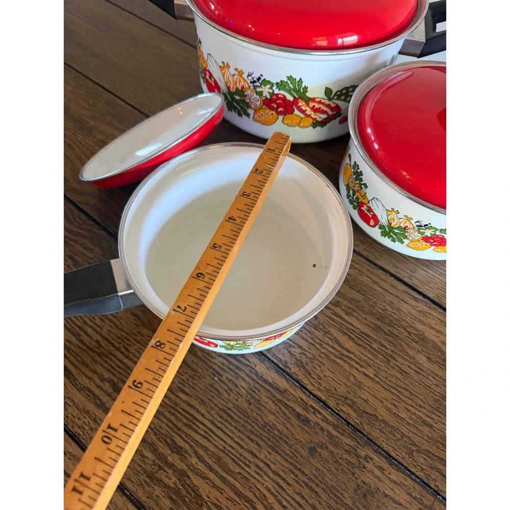Vintage Enamel Cookware Set 3 Pots Red Lids White Vegetable Print Good Retro 70s